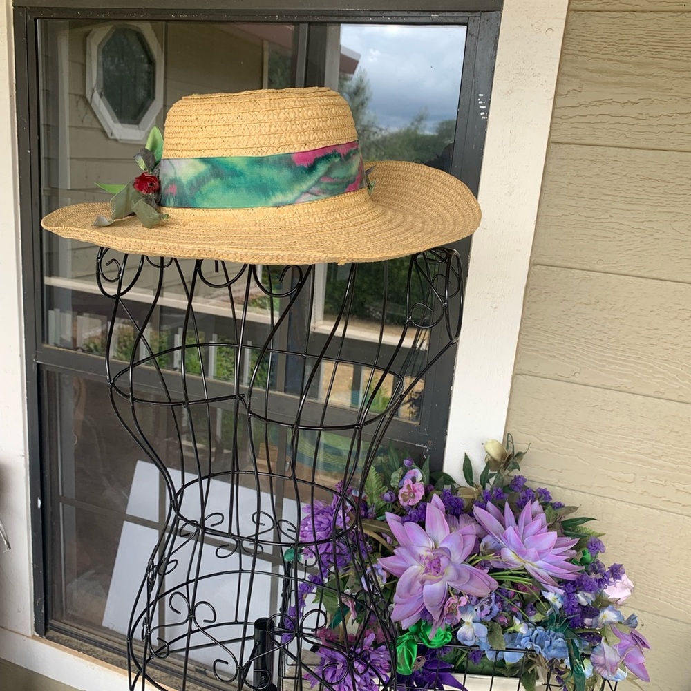 Artisan Upcycled  Tan  wide brim Straw round sun hat, HPx2 - Picture 3 of 7